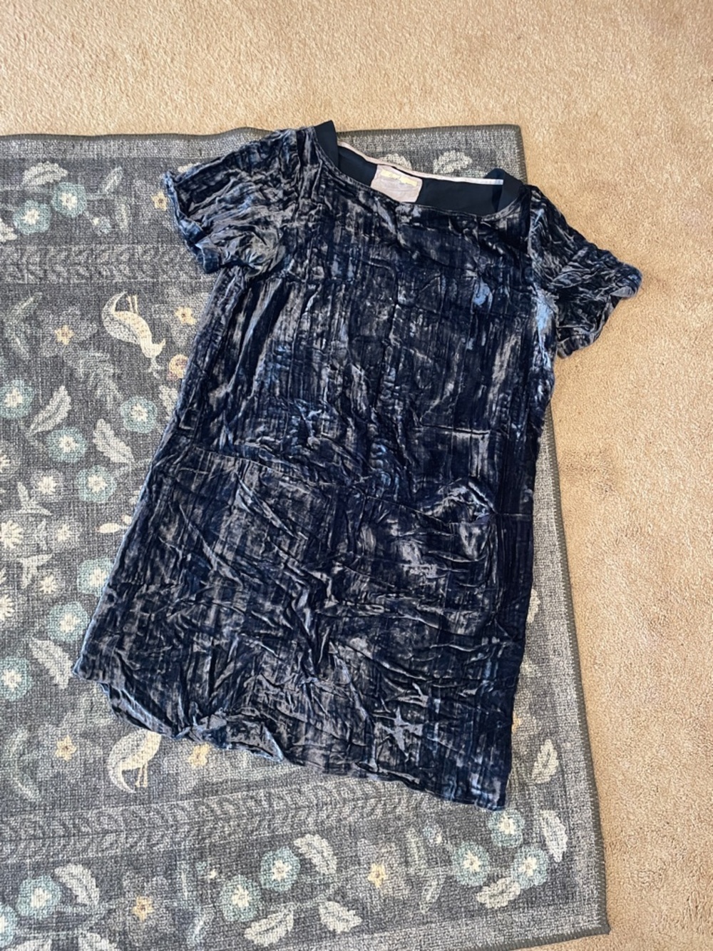 Anthropologie Crushed Velvet Short Sleeve Dress in Deep Navy